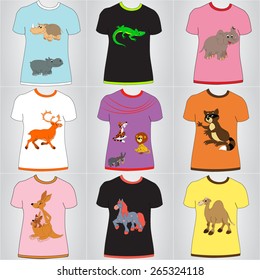 Set of the t-shirts with cartoon animals