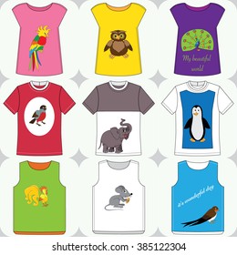 Set of the t-shirts with cartoon animals