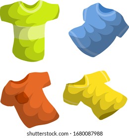 Conjunto de pantalones-T. La ropa de los hombres coloreados ruborizada. Objeto rojo, azul, verde y amarillo. Dibujo plano de caricatura