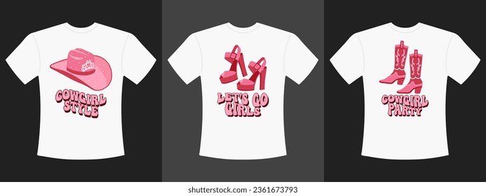 A set of t-shirts with a cowgirl print. Cowboy boots, cowboy hat and retro shoes with lettering. Pictures in the style of the wild west. Vector