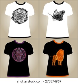Set of t-shirts with decorative abstract pattern on the black and white background