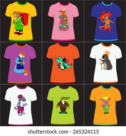 Set of the t-shirts with fabulous animals on the black background