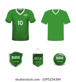 Set of T-shirts and flags of the national team of Saudi Arabia. Vector illustration.