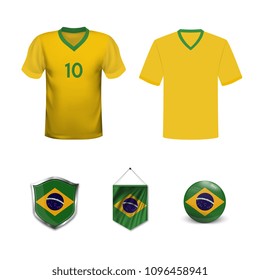 Set of T-shirts and flags of the national team of Brazil. Vector illustration.