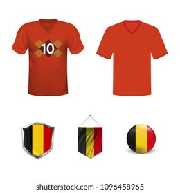 Set of T-shirts and flags of the national team of Belgium. Vector illustration.