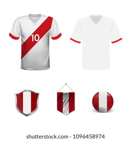 Set of T-shirts and flags of the national team of Peru. Vector illustration.