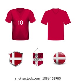Set of T-shirts and flags of the national team of Denmark. Vector illustration.