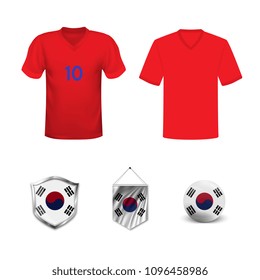 Set of T-shirts and flags of the national team of South Korea. Vector illustration.