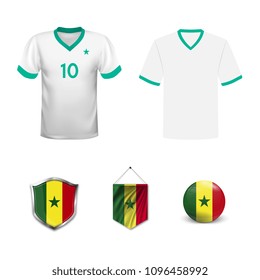 Set of T-shirts and flags of the national team of Senegal. Vector illustration.