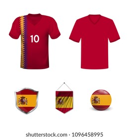 Set Of T-shirts And Flags Of The National Team Of Spain. Vector Illustration.