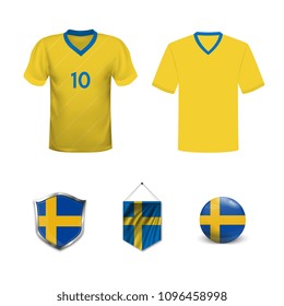 Set of T-shirts and flags of the national team of Sweden. Vector illustration.