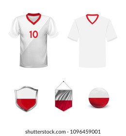 Set of T-shirts and flags of the national team of Poland. Vector illustration.