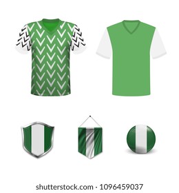 Set of T-shirts and flags of the national team of Nigeria. Vector illustration.
