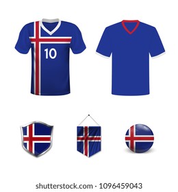 Set of T-shirts and flags of the national team of Iceland. Vector illustration.