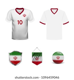 Set of T-shirts and flags of the national team of Iran. Vector illustration.