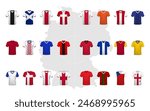 Set of t-shirts kits of the national teams european football team. Soccer team t-shirts flag icon. European football tournament in Germany. Vector illustration.