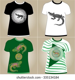 Set of the t-shirts with lizards in the zentangle style.