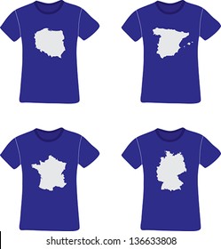 Set of t-shirts with maps of Poland, Spain, France, Germany
