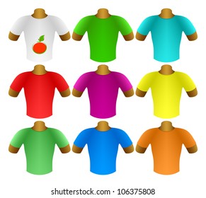 Set of T-shirts on a white background. T-shirts of different color. On one T-shirt apple is drawn.