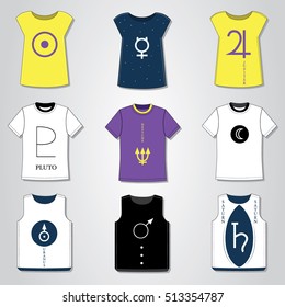 Set of t-shirts with symbols of Solar System