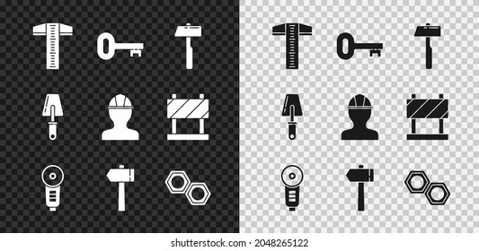 Set T-square line, Old key, Hammer, Angle grinder, Hexagonal metal nut, Trowel and Worker safety helmet icon. Vector