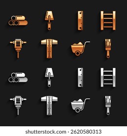 Set T-square line, Wooden staircase, Paint brush, Shovel, Electric rotary hammer drill, Ruler, Industry metallic pipe and Trowel icon. Vector