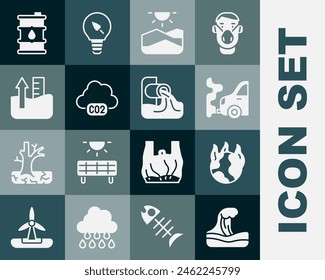 Set Tsunami, Globale Erwärmung Feuer, Auto Auspuff, Dürre, CO2-Emissionen Wolke, Anstieg Wasserstand, Barrel Öl und Abwasser-Ikone. Vektorgrafik