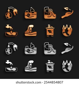 Set Tsunami, Sprout in hand, Global warming fire, Recycle bin with recycle, Water problem, Wastewater, Gas pump nozzle globe and Problem pollution of the ocean icon. Vector