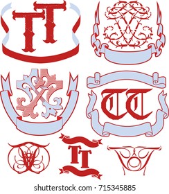 Set of TT monograms and decorative emblem templates with two letters FF. Vector collection