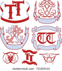 Set of TT monograms and decorative emblem templates with two letters FF. Vector collection