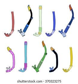 set Tube for diving, color tube for breathing under water,spearfishing tube set, graphic illustration for sale on the swimming theme, different painting tube underwater breathing