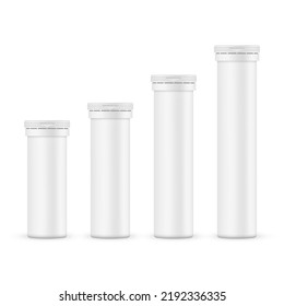 Set of Tube for Effervescent Tablets, Aspirin or Vitamins With Various Sizes, Isolated on White Background. Vector Illustration