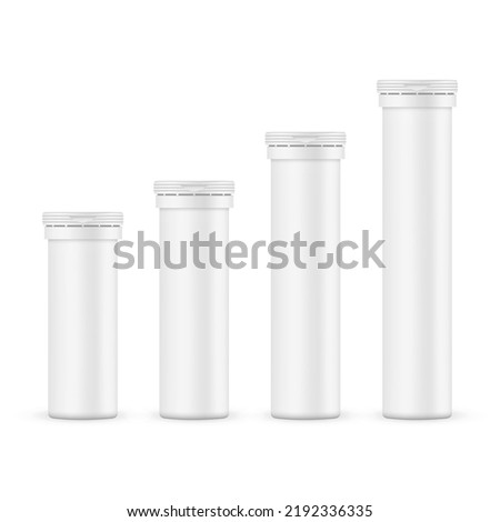 Set of Tube for Effervescent Tablets, Aspirin or Vitamins With Various Sizes, Isolated on White Background. Vector Illustration