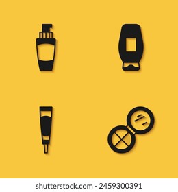 Set Tube of hand cream, Makeup powder with mirror, Cream lotion cosmetic tube and Bottle shampoo icon with long shadow. Vector