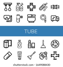 Set of tube icons. Such as Irrigation system, Diving mask, Shampoo, Pipes, Pipe, Mortar, Rescue tube, Water hose, Plumber, Paper towel, Test tube, Liquid soap, Sun lotion , icons