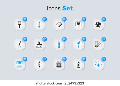 Set Tube with paint palette, Paint brush, Pencil eraser, bucket, Bezier curve, Color guide,  and Stationery knife icon. Vector