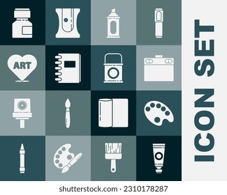 Set Tube with paint palette, Palette, Graphic tablet, Marker pen, Spiral notebook, Heart text art, Paint, gouache, jar, dye and bucket icon. Vector