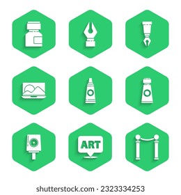 Set Tube with paint palette, Speech bubble text art, Exhibition of paintings, Spray can nozzle cap, Laptop, Fountain pen nib and Paint, gouache, jar, dye icon. Vector