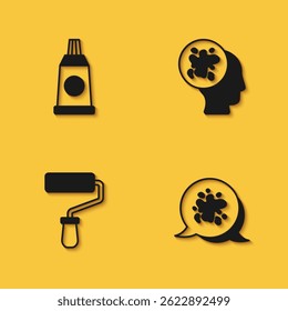 Set Tube with paint palette, Paint spray, roller brush and  icon with long shadow. Vector