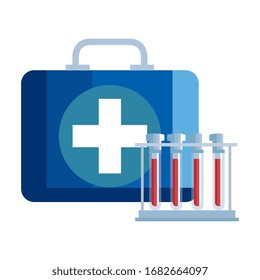 set of tube test with first aid kit isolated icon vector illustration design