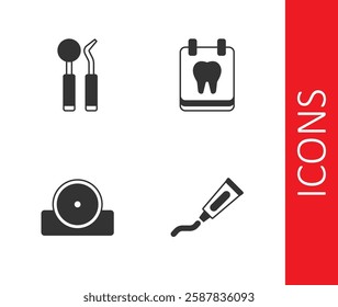 Set Tube of toothpaste, Dental mirror and probe, Otolaryngological head reflector and Calendar with icon. Vector
