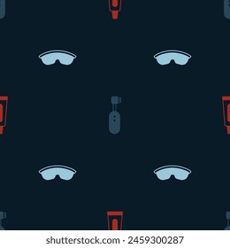 Set Tube of toothpaste, Electric toothbrush and Safety goggle glasses on seamless pattern. Vector