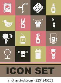 Set Tube of toothpaste, Gas boiler, Electric toothbrush, Sponge, Clothes pin, Rubber duck, Washer and Drying clothes icon. Vector