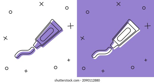 Fijar el tubo de ícono de pasta dental aislado en fondo blanco y púrpura.  Vector