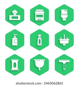 Set Tube mit Zahnpasta, Menstruationstasse, Gummireiniger, Waschbecken mit Wasserhahn, Feuchtwischbeutel, Flaschenshampoo, Toilettenschüssel und Ikone. Vektorgrafik
