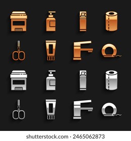 Set Tube of toothpaste, Paper towel roll, Dental floss, Water tap, Nail scissors, Shaving gel foam, Antiperspirant deodorant and Bottle shampoo icon. Vector