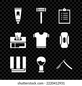 Set Tube of toothpaste, Shaving razor, Clipboard with checklist, Towel stack, brush, Straight, Wet wipe pack and T-shirt icon. Vector