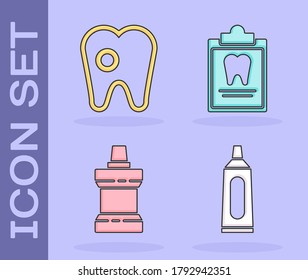 Set Tube of toothpaste, Tooth with caries, Mouthwash plastic bottle and Clipboard with dental card icon. Vector