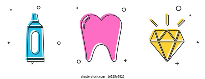Juego Tubo de dentífrico, Diamante y Diamante icono. Vector