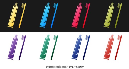 Set Tube of toothpaste and toothbrush icon isolated on black and white background. Vector.